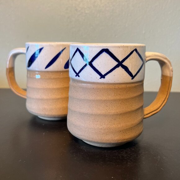 Pair of Vintage Japanese Handcrafted Hand Painted Unglazed & Glazed Pottery Mugs - Picture 2 of 13